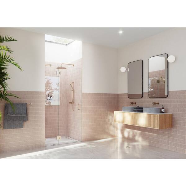 Glass Warehouse Halo 39.5 in. W x 78 in. H Glass Hinged Frameless Shower Door in Brushed Bronze with Clear Glass