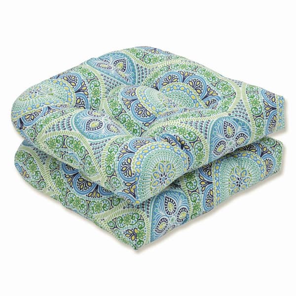 Pillow Perfect 19 in. x 19 in. Outdoor Dining Chair Cushion in Blue/Green (Set of 2)