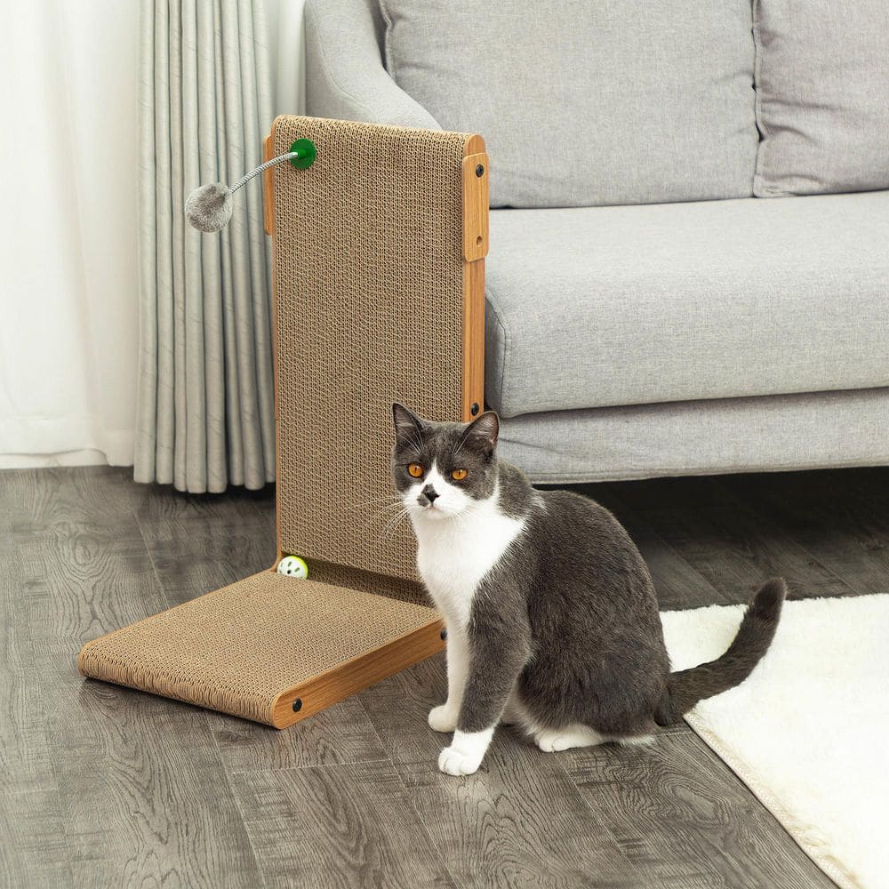 L-Shaped Brown Cardboard Cat Scratcher with Toy