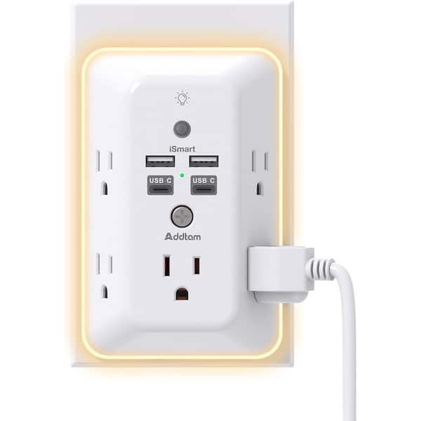Lukyamzn 5-Outlet Power Strip Surge Protector with Night Light, USB Port and ETL Listed in White