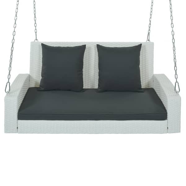 cenadinz 2-Person Wicker Hanging Porch Swing with Chains Gray Cushion Pillow Rattan Swing Bench for Garden Backyard White Wicker