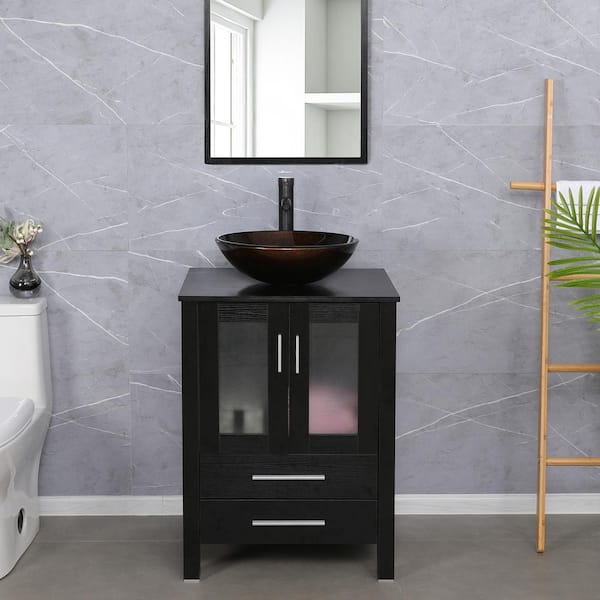 24 in. W x 20 in. D x 32 in. H Single Sink Bath Vanity in Black with Brown Glass Vessel Sink Top ORB Faucet Set