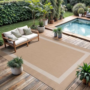 Beige/White 8 ft. x 10 ft. Bordered Indoor/Outdoor Area Rug