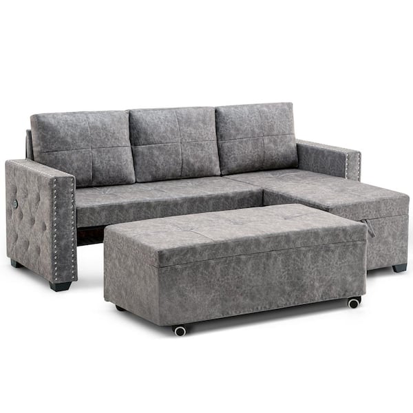 Z-joyee 84 in. Square Arm Polyester L Shaped Storage Corner Sofa Bed with Nailhead Trim in Gray