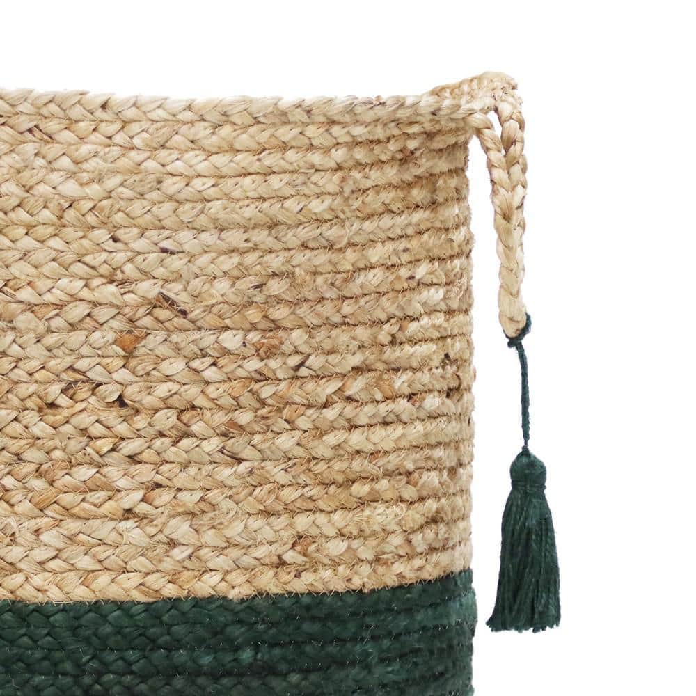 Handmade Round Tan and Green Jute Storage Basket with Loop Handles