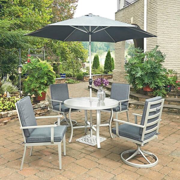 HOMESTYLES South Beach Grey 7-Piece Round Extruded Aluminum Outdoor Dining Set with Gray Cushions