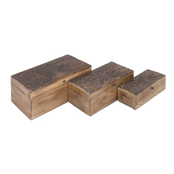 Litton Lane Rectangle Mango Wood Handmade Floral Box with Hinged Lid (Set of 3)