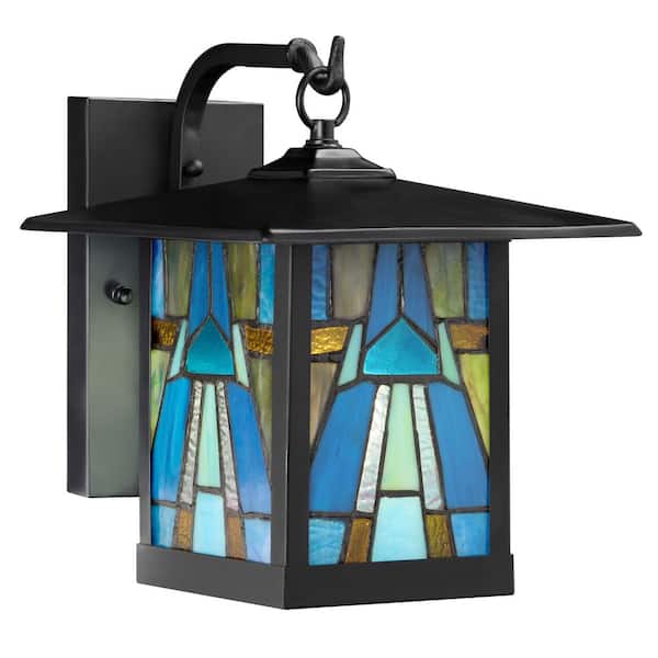 River of Goods Mission 1-Light Black Hardwired Outdoor Wall Lantern Sconce with Aqua Stained Glass