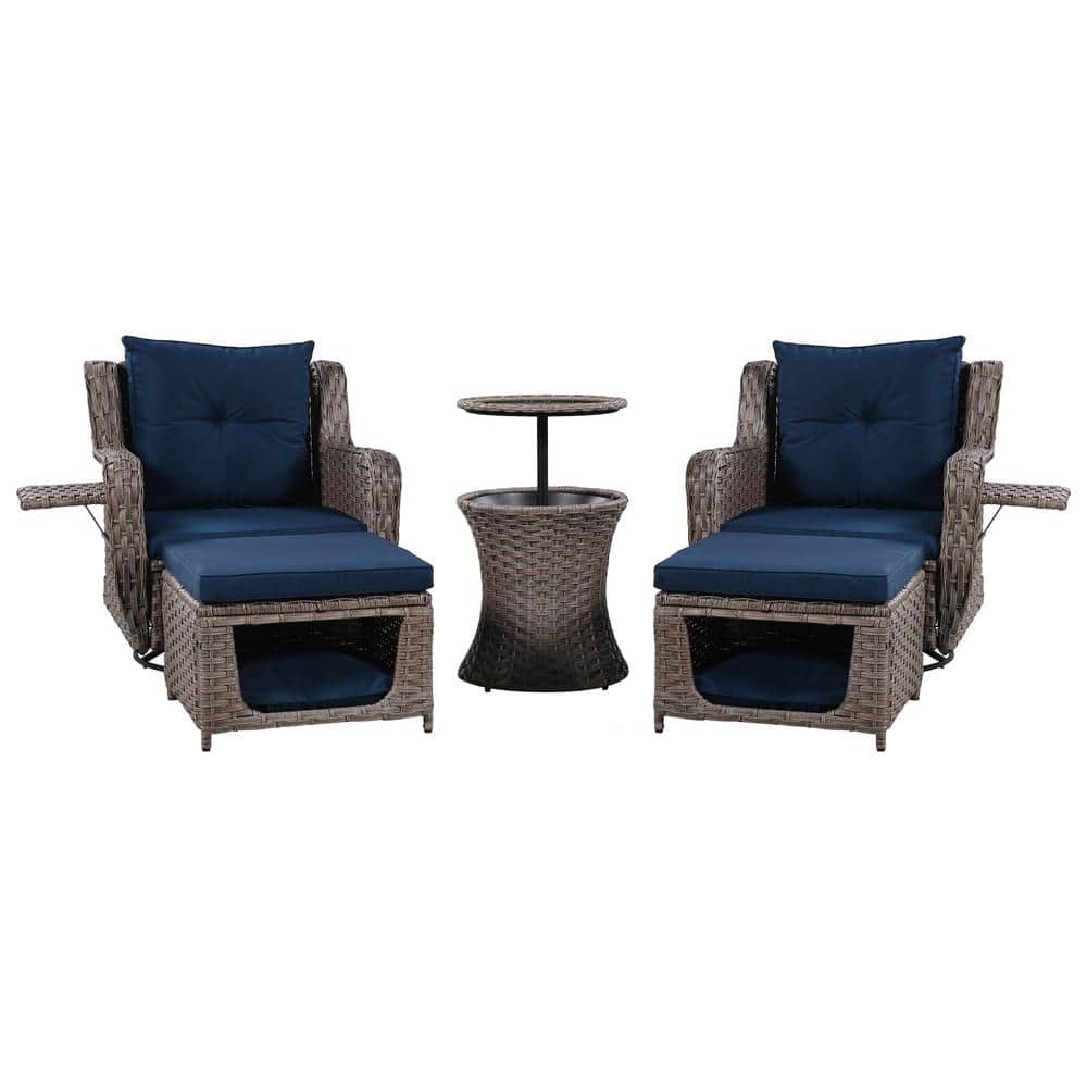 5-Piece Wicker Patio Conversation Set with Pet House, Cool Bar, Retractable