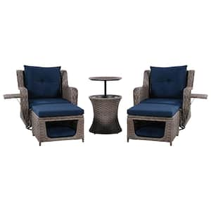 5-Piece Wicker Patio Conversation Set with Pet House, Cool Bar, Retractable Side Tray, Ottomans and Navy Blue Cushions