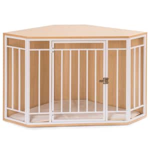 Corner Dog Crate with Cushion, Dog Kennel with Wood and Mesh