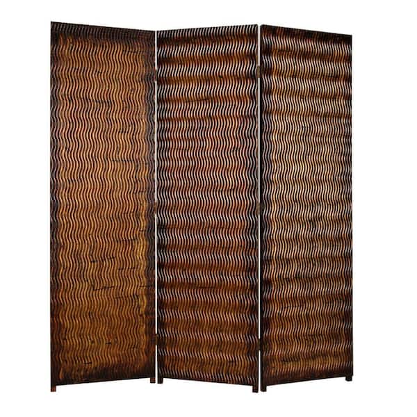 Benjara Brown Dual Tone 3-Panel Wooden Foldable Room Divider with Wavy Design