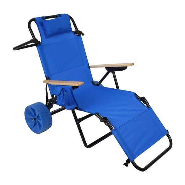 Unbranded Light Blue 1PC Iron Beach Cart Chairs with Wheels, 2 in 1 Foldable Outdoor Lounge Chair with Integrated Wagon Pull Cart