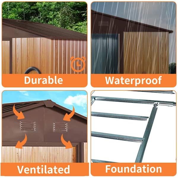 8 ft. x 6 ft. Outdoor Metal Storage Shed Garden Tool Room with Floor Base and Sliding Doors, Coffee (39 sq. ft.)