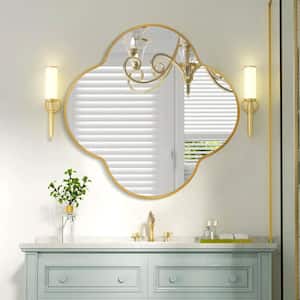32 in. W x 32 in. H Scalloped Gold Aluminum Alloy Framed Wall Mirror Four-leaf Clover Mirror for Living Room, Bathroom