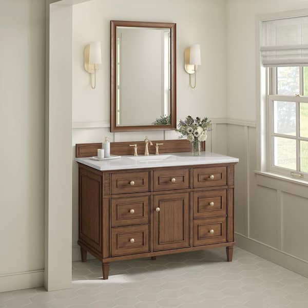 James Martin Vanities Lorelai 48.0 in. W x 23.5 in. D x 34.06 in. H Single Bath Vanity Mid-Century Walnut and Arctic Fall Solid Surface Top