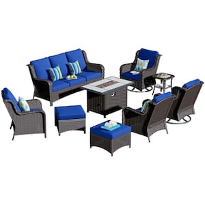 Joyoung Brown 9-Piece Wicker Patio Rectangle Fire Pit Conversation Set with Navy Blue Cushions and Swivel Chairs