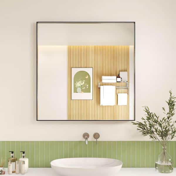 36 in. W x 36 in. H Black Aluminum Rectangular Framed Wall Bathroom Vanity Wall Mount Mirror