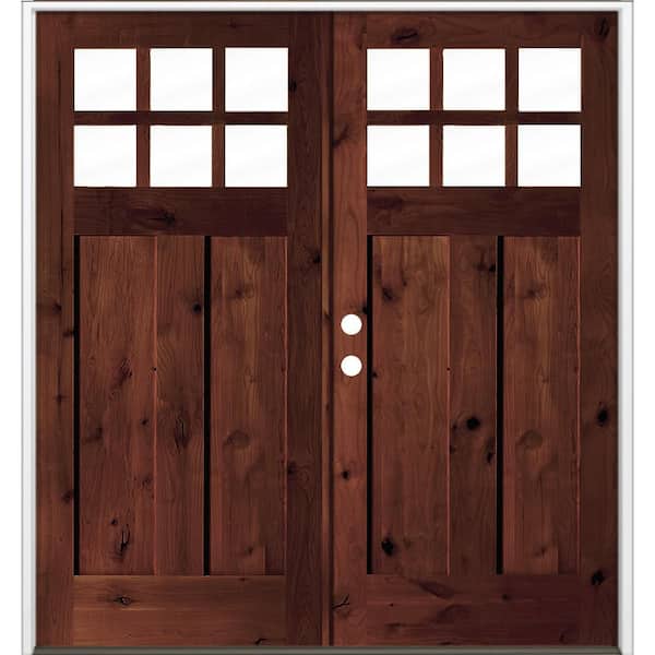 Krosswood Doors 64 in. x 80 in. Knotty Alder Right-Hand/Inswing Double 6-Lite Clear Glass Red Mahogany Stain Wood Prehung Front Door