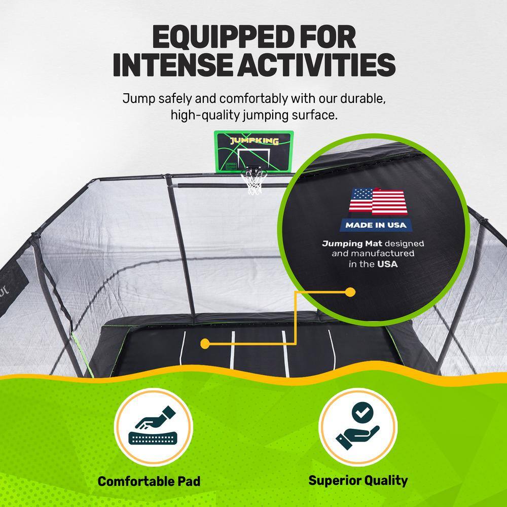 Black Rectangular Steel Trampoline with Enclosure and Basketball Hoop