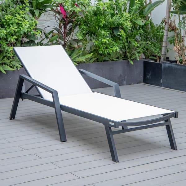 Leisuremod Marlin Outdoor Patio Chaise Lounge Chair with Arms in Black Aluminum Reclining Backrest Mesh Sling Seat in White