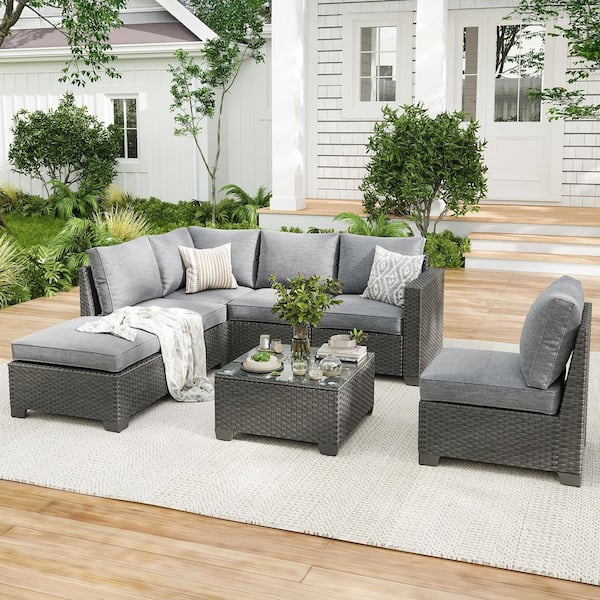 Gray 7-Piece Wicker Outdoor Patio Sectional Set with Coffee Table-Conversation Sofa with Gray Cushions for Backyard