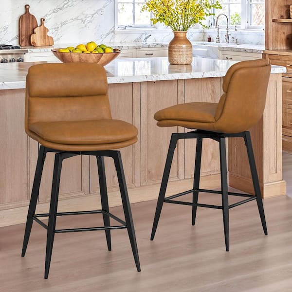 DAHLIAH 26 in. Light Brown Faux Leather Metal Frame Double-Layer Cushioned Swivel Bar Stool with Footrest (Set of 2)