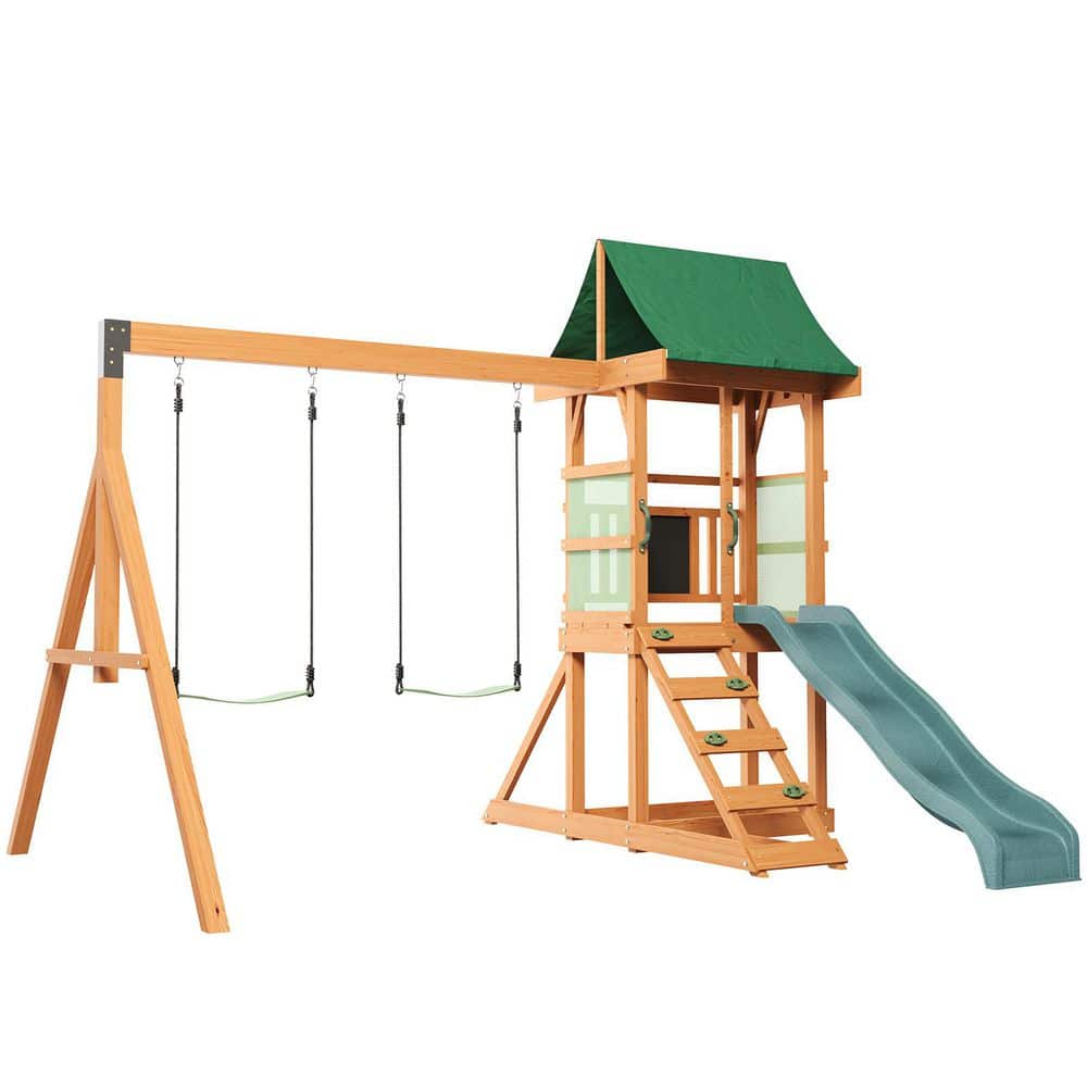 Outdoor Playground Set w/ Wave Slide, Rockwall, Ladder, Chalk Board, and Elevated Clubhouse Multi-Person Swing Set