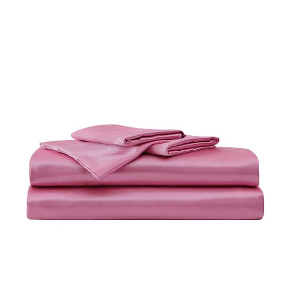 BETSEY JOHNSON Solid Satin 4-Piece Pink Microfiber Full Sheet Set