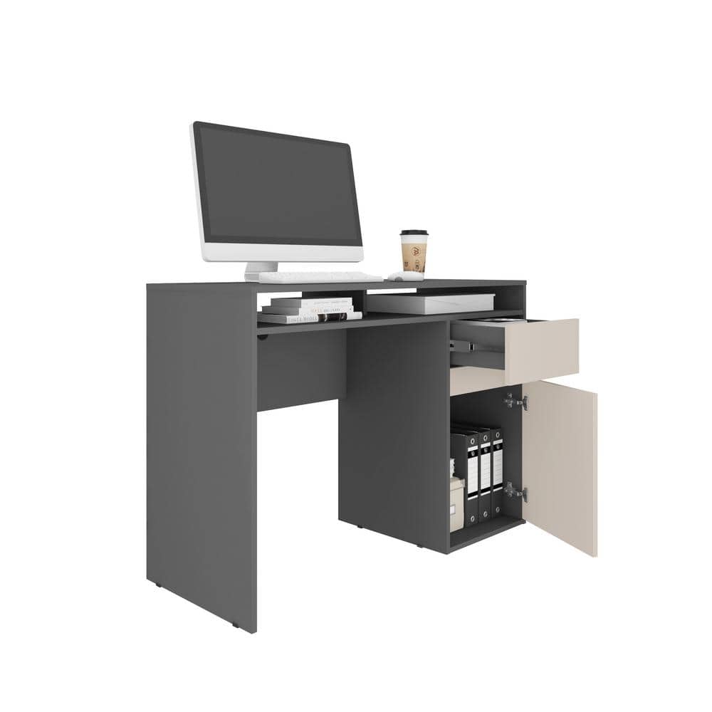 Gray Corner Wood Desk with Drawer and Shelves