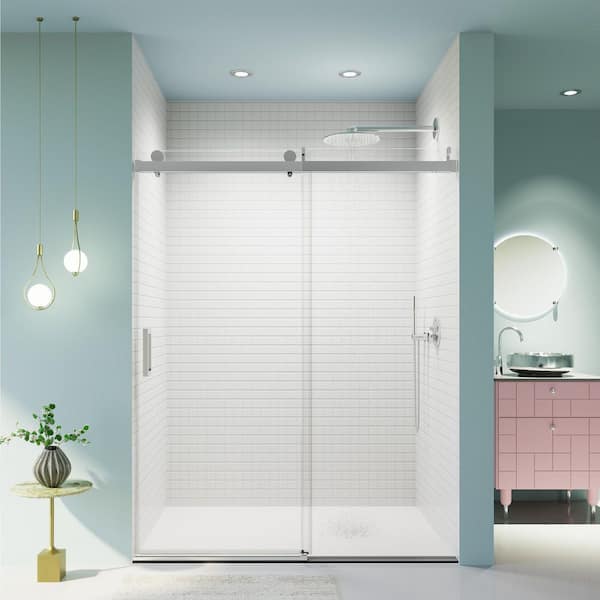 Reversible 56-60 in. W x 76 in. H Frameless Sliding Shower Door in Chrome with Tempered Clear Glass, Soft-Close