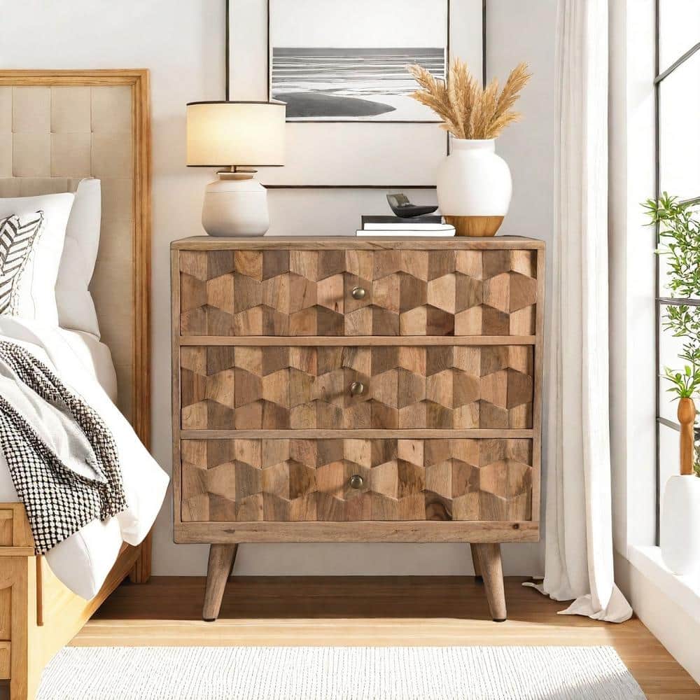 Poppy Mid-Century Mango Wood 3-Drawer Chest with 3D Weave