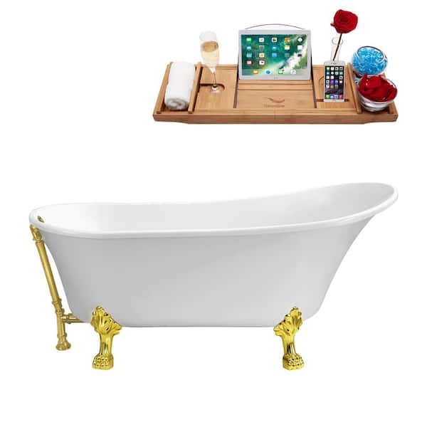 Streamline 67 in. Acrylic Clawfoot Non-Whirlpool Bathtub in Glossy White With Polished Gold Clawfeet And Brushed Gold Drain