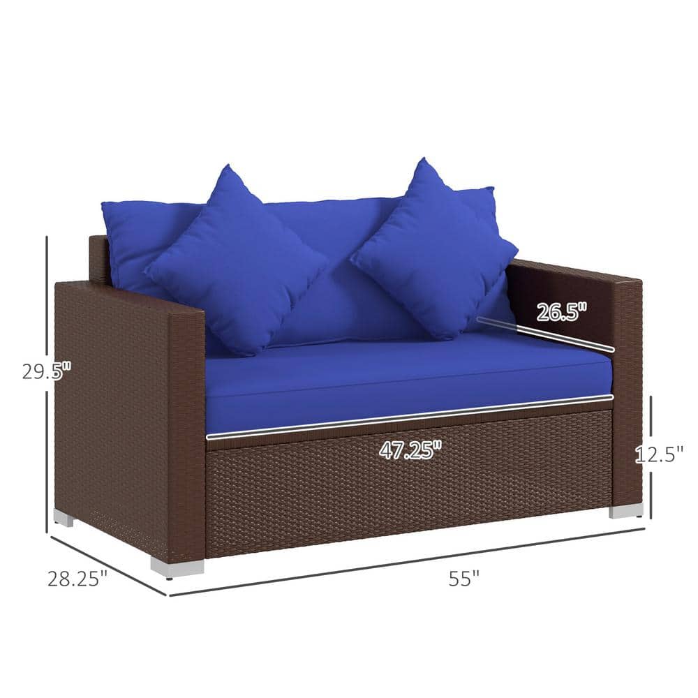 Outsunny Brown Wicker Loveseat with Dark Blue Cushions