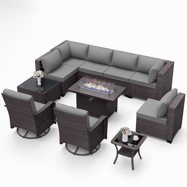 11-Piece Wicker Patio Fire Pit Set with Swivel Rocking Chairs, Black Tabletop and Cushion Gray