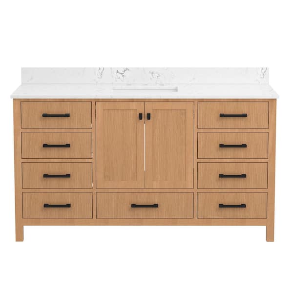 StarrySky 60 in. Undermount Single Sink Freestanding Bath Vanity in Natural Wood with White Engineered Stone Top