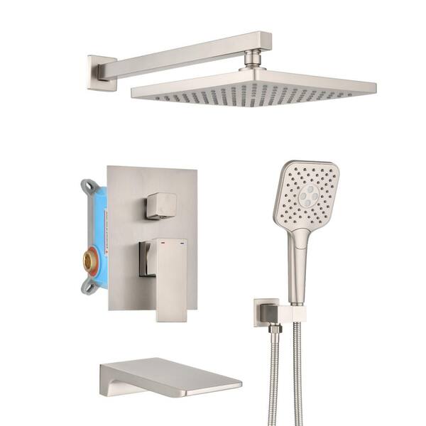 Unbranded Single Handle 4-Spray Rain Tub and Shower Faucet with Waterfall Spout 1.8 GPM in. Brushed Nickel (Valve Included)