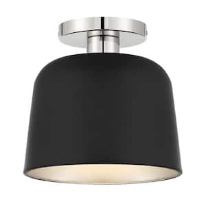 9 in. W x 9 in. H 1-Light Matte Black and Polished Nickel Semi-Flush Mount with Metal Shade