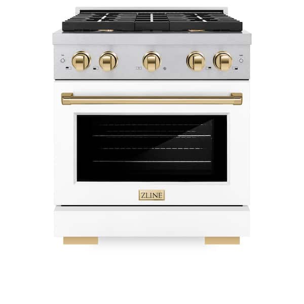 ZLINE Kitchen and Bath Autograph 30 in. Paramount Gas Range with 4 Burners and Convection Gas Oven in Satin Steel with White and Gold Accents