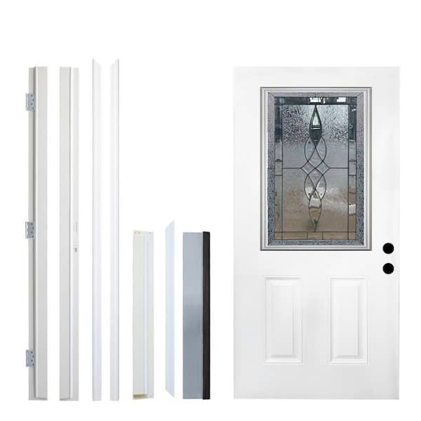 36 in. x 80 in. 2-Panel Left-Hand 1/2 Lite Decorative Glass White Fiberglass Prehung Front Door with Threshold, Hinge