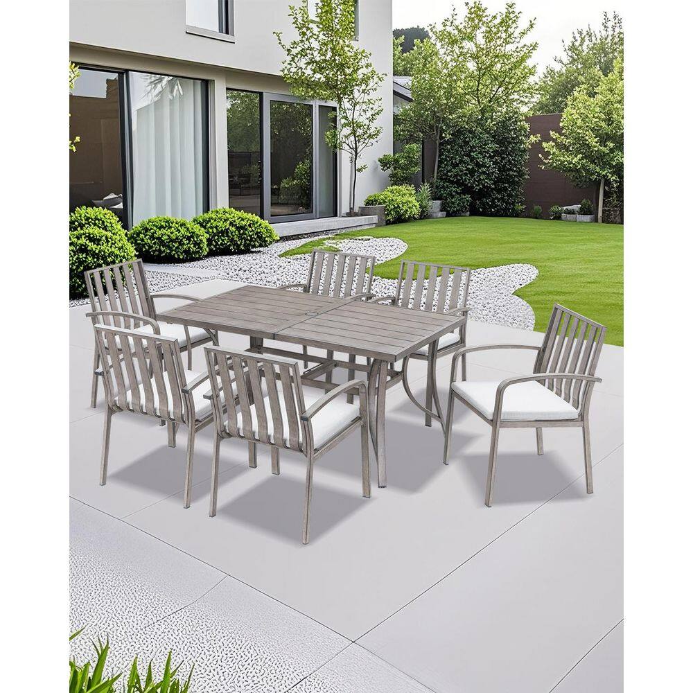 Gray 7-Piece Aluminum Patio Outdoor Dining Set with Rectangular Table and Beige Cushions