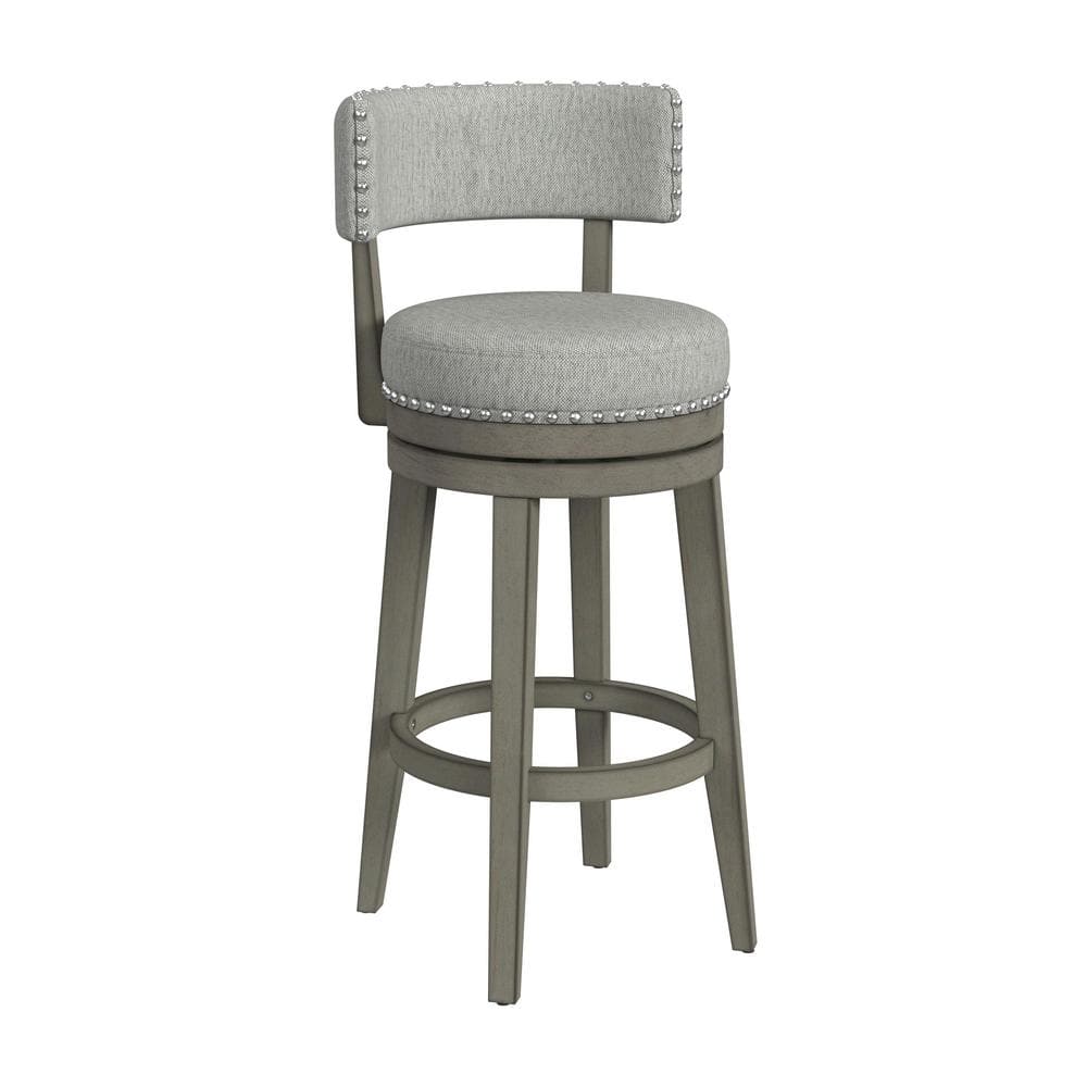Antique Gray Wood Swivel Bar Stool with Faux Leather Upholstery