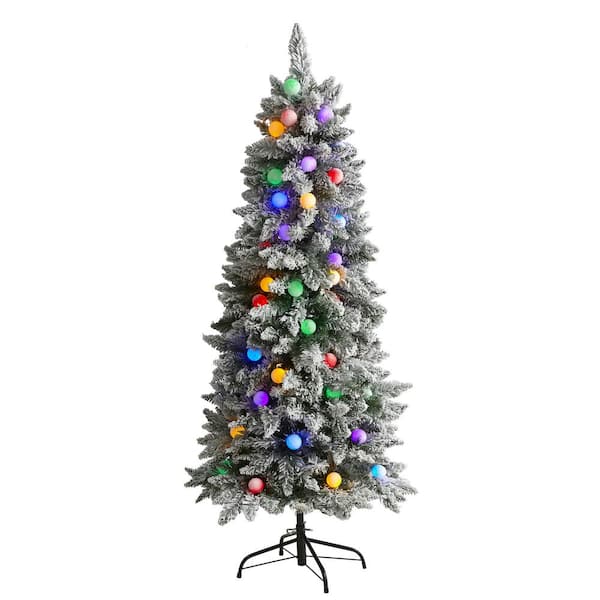 Nearly Natural 5 ft. Pre-lit Flocked British Columbia Fir Artificial Christmas Tree with 50 Multicolor Globe Bulbs