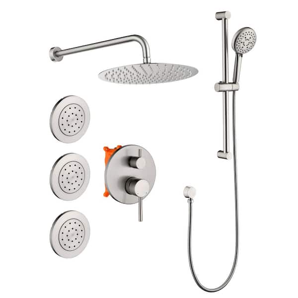 Satico 12 in. 2-Handle 3-Spray Wall Mount Pressure Balance Round Rainfall Shower System with Rough-In Valve in Brushed Nickel