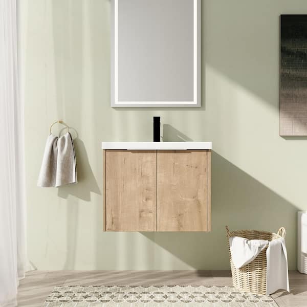 24 in. Wall-Mounted Single Oak Bath Vanity with White Resin Vanity Top Unassembled