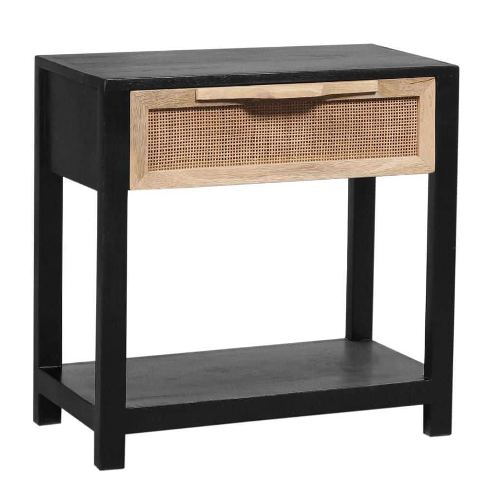 Tia 22 Inch Black Pine Wood Side Table with Rattan Drawer