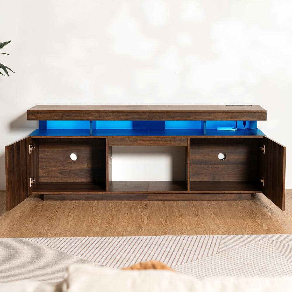 Walnut 64" Modern TV Stand with LED Lighting and Cabinets