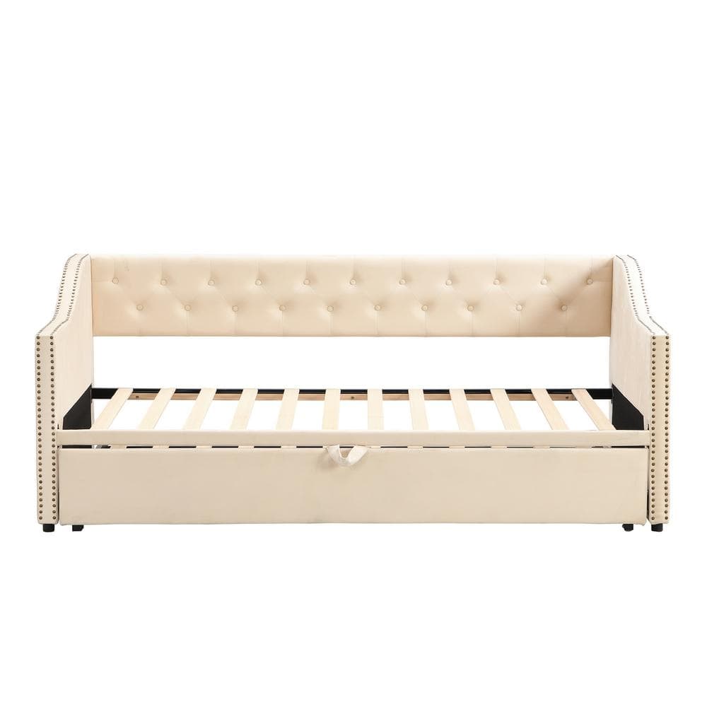 Beige Twin Size Soft Velvet Upholstered Tufted Daybed with Pop Up Trundle - thumbnail 6