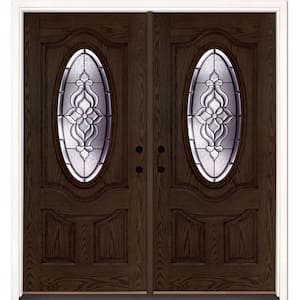 74 in. x 81.625 in. Lakewood Patina 3/4 Oval Lite Stained Walnut Oak Left-Hand Fiberglass Double Prehung Front Door