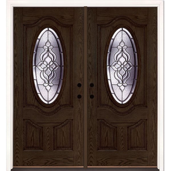 Feather River Doors 74 in. x 81.625 in. Lakewood Patina 3/4 Oval Lite Stained Walnut Oak Left-Hand Fiberglass Double Prehung Front Door